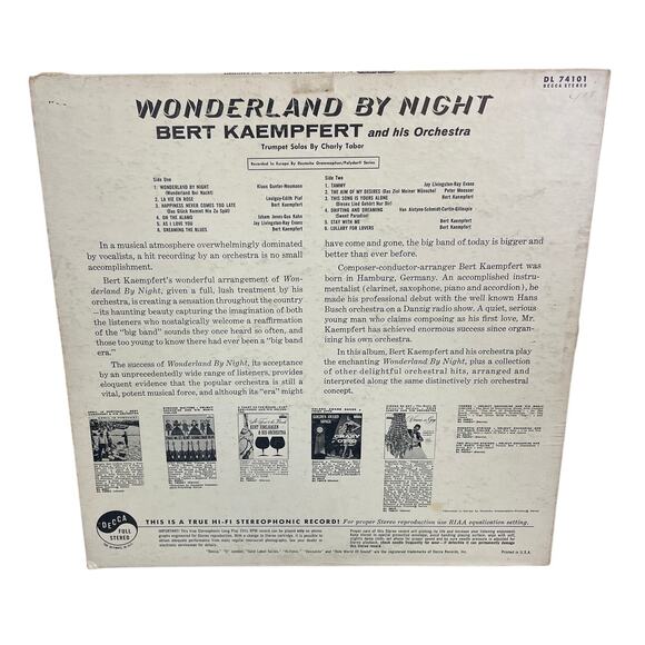Vintage 1960 Bert Kaempfert Orchestra Wonderland By Night Music LP Vinyl Record - Picture 2 of 2